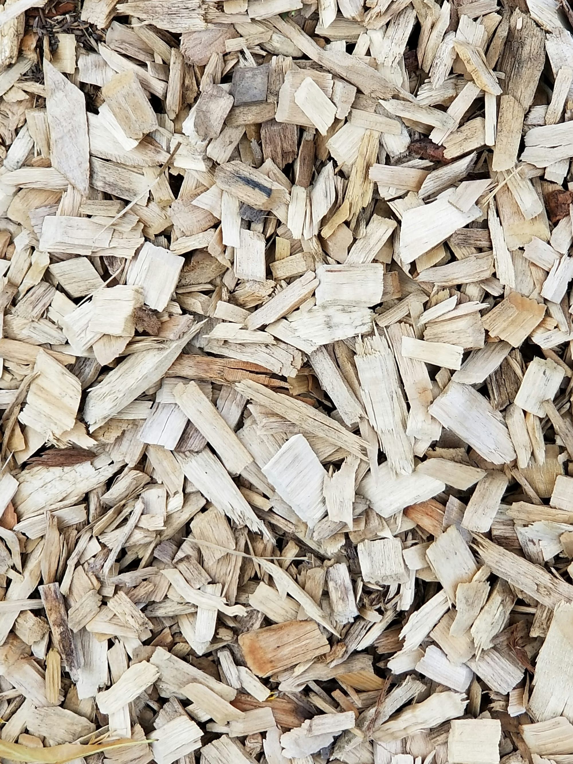 Primo piano di scaglie di cippato di legno chiaro